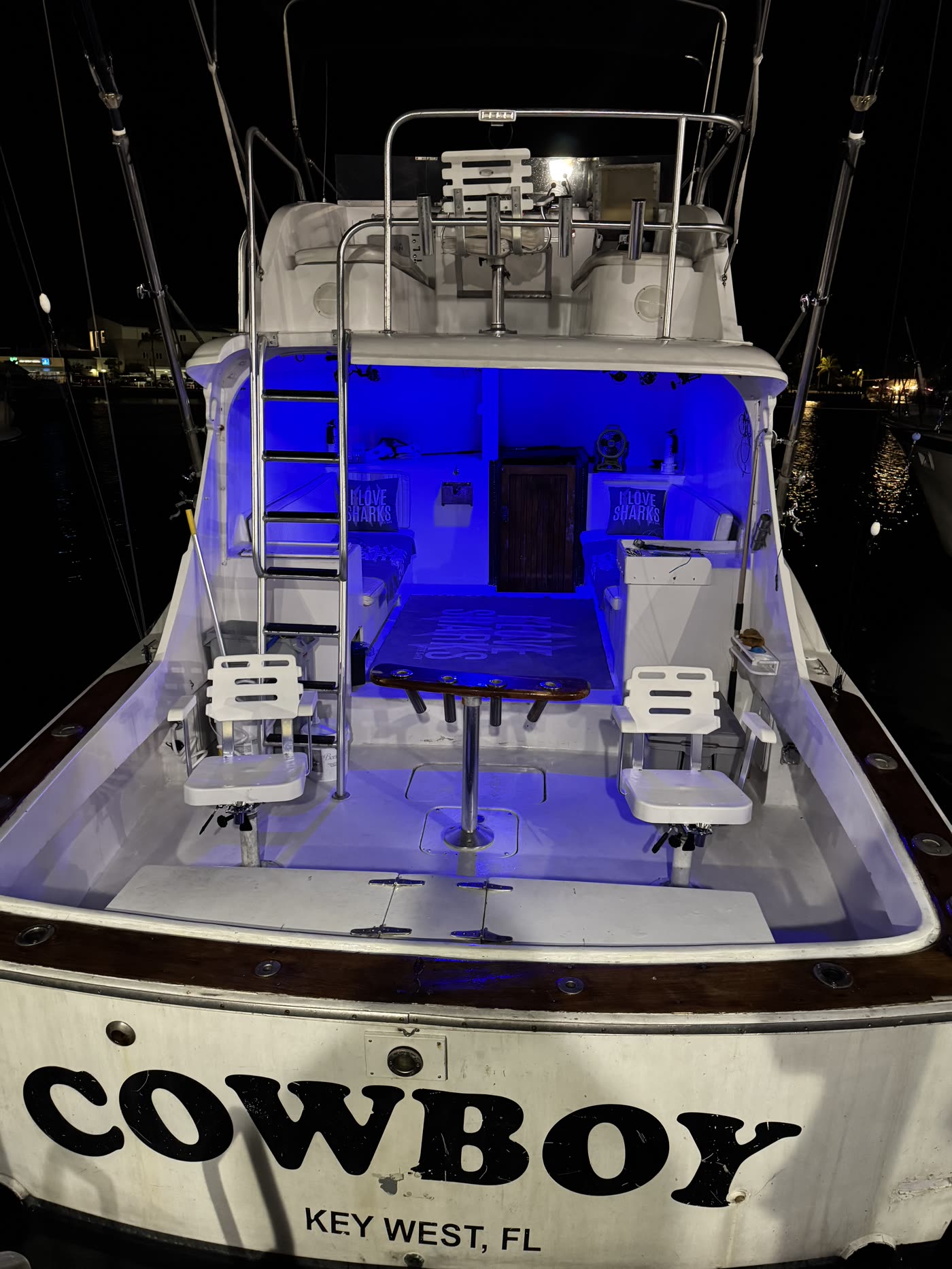 The Cowboy – cockpit lit up with blue lights during a Key West night fishing charter