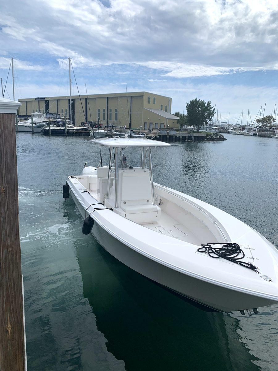 Blue Cowboy – portside profile view alongside the dock, Key West FL