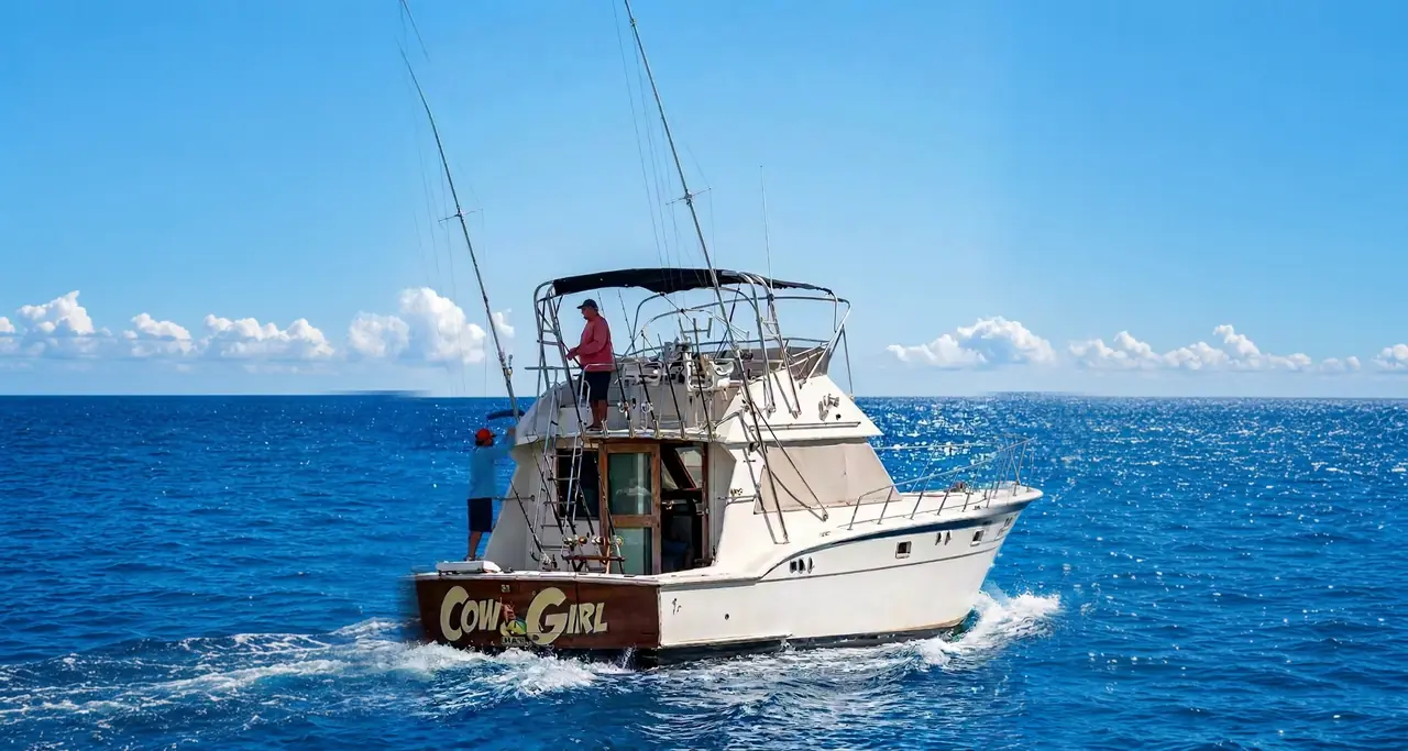 The Cow Girl charter boat running on open water off Key West with crew aboard