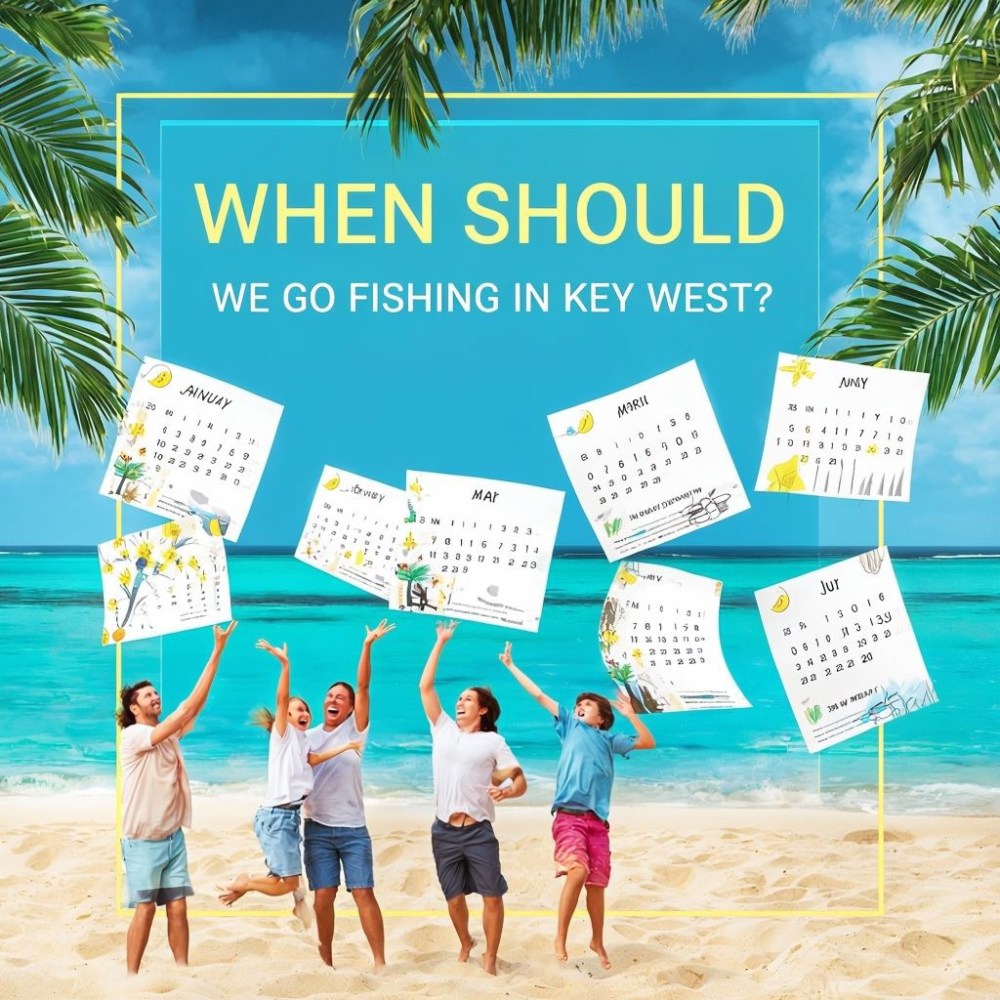 Family on a sandy beach in Key West throwing calendar pages labeled January through December into the air, symbolizing year-round fishing. Text reads: “When should we go fishing in Key West?” and “Did you know? ANY time of year!”