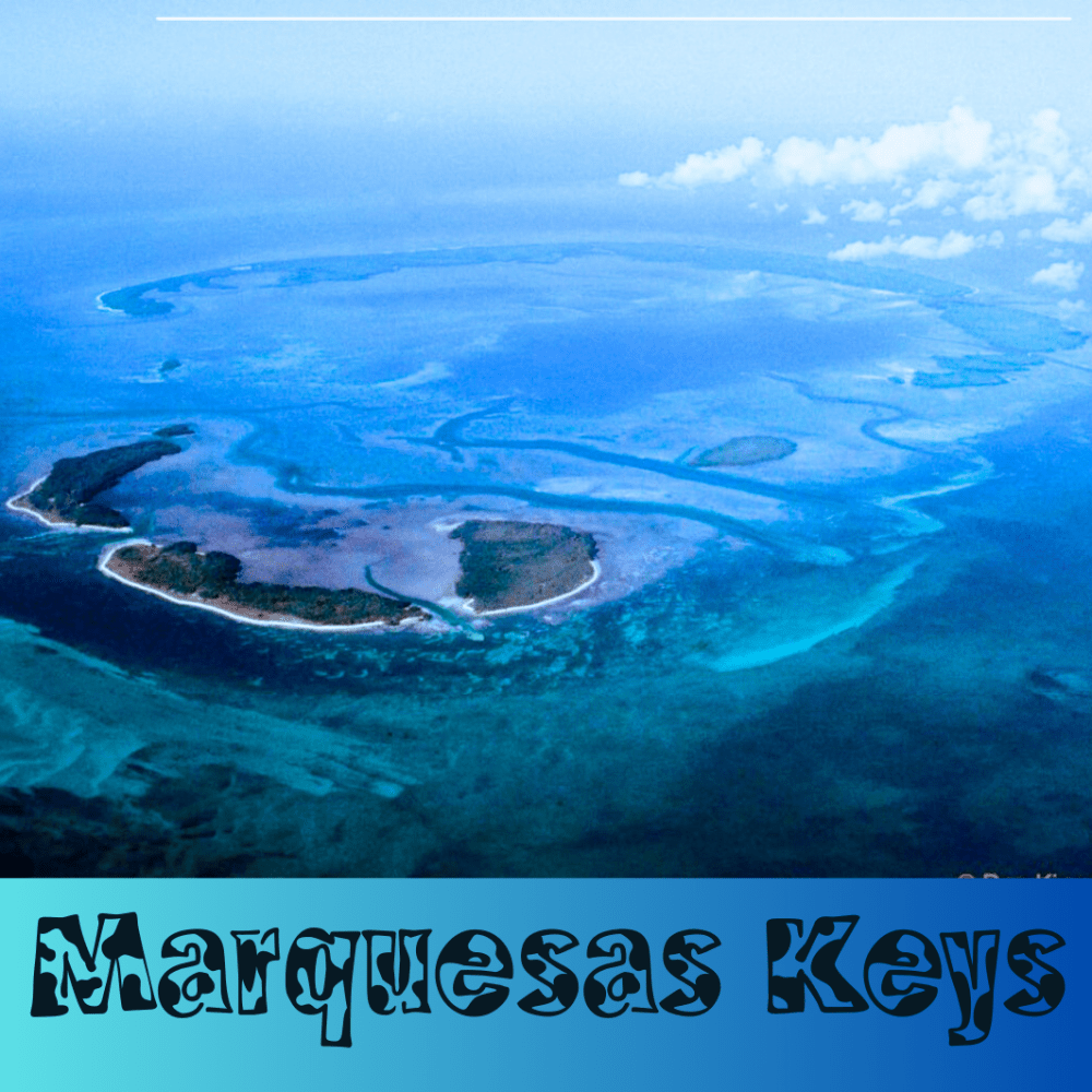 Aerial view of the Marquesas Keys showing the circular atoll, clear turquoise water, and untouched mangrove islands near Key West, Florida.