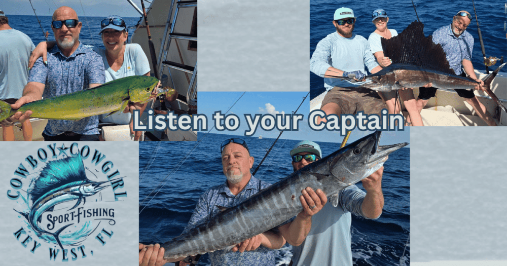 Collage of people holding fish on a boat with text 'Listen to your Captain' and a fishing logo.