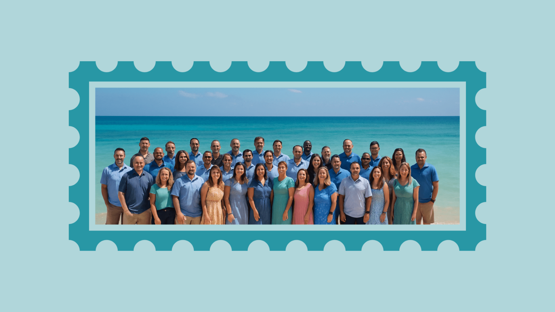 Large group of people in blue and peach attire posing on a beach, framed by a stamp-like border.